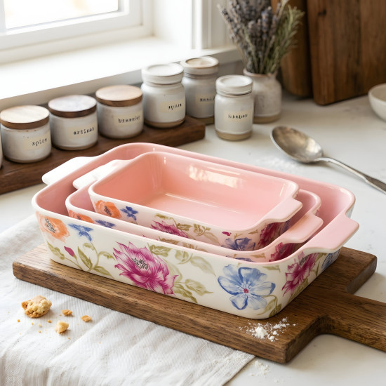 Floral Porcelain Casserole Set 3 Pcs